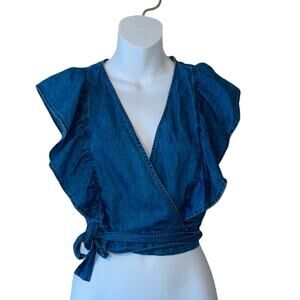 BP. Chambray tie waist ruffle sleeve crop top